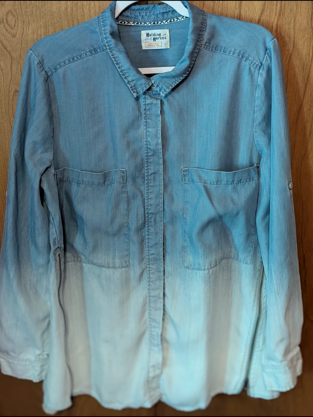 HOLDING HORSES Chambray Blue Button-Up Shirt with Woven Trim